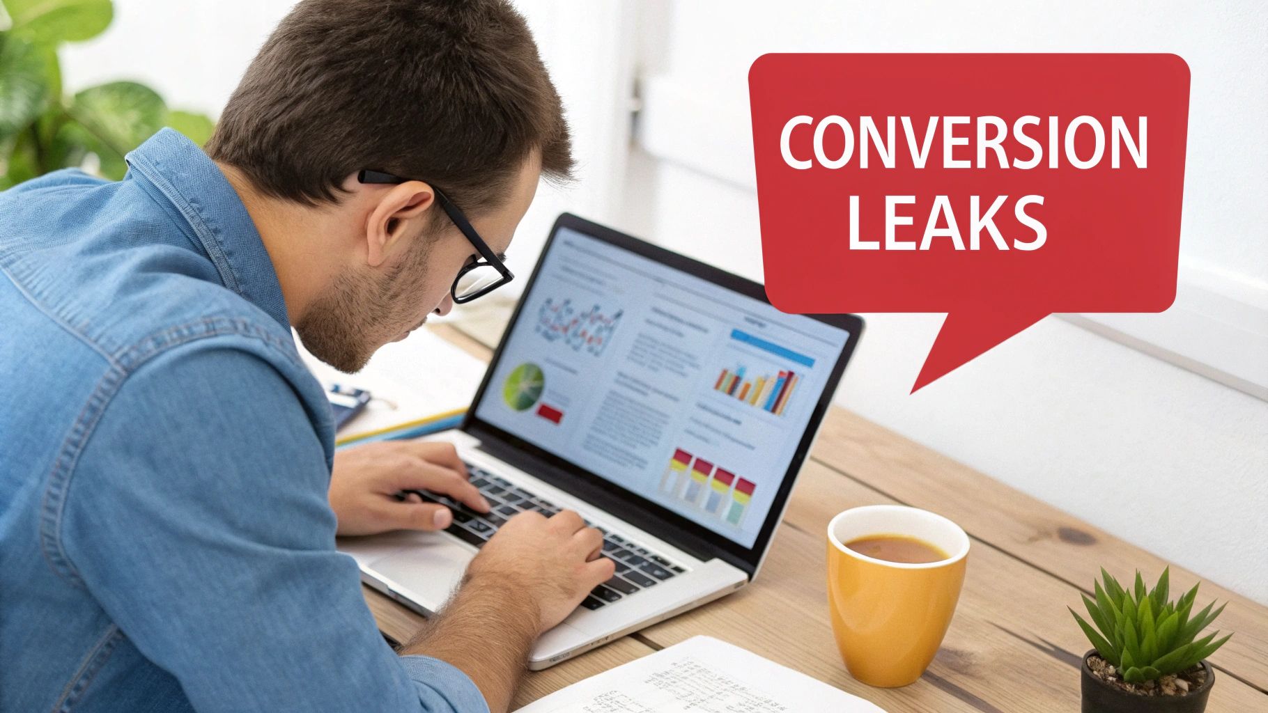 Man in glasses analyzes website conversion data on a laptop, addressing 'Conversion Leaks'.