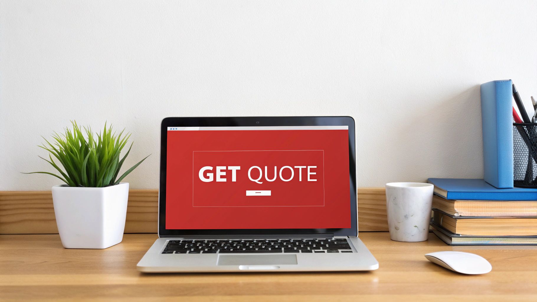 Laptop displaying 'GET QUOTE' on a red screen, with a plant, books, and mouse on a wooden desk.
