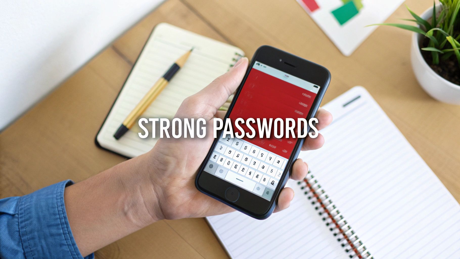 A person types strong passwords on a smartphone, with notebooks and a pen on a wooden desk.