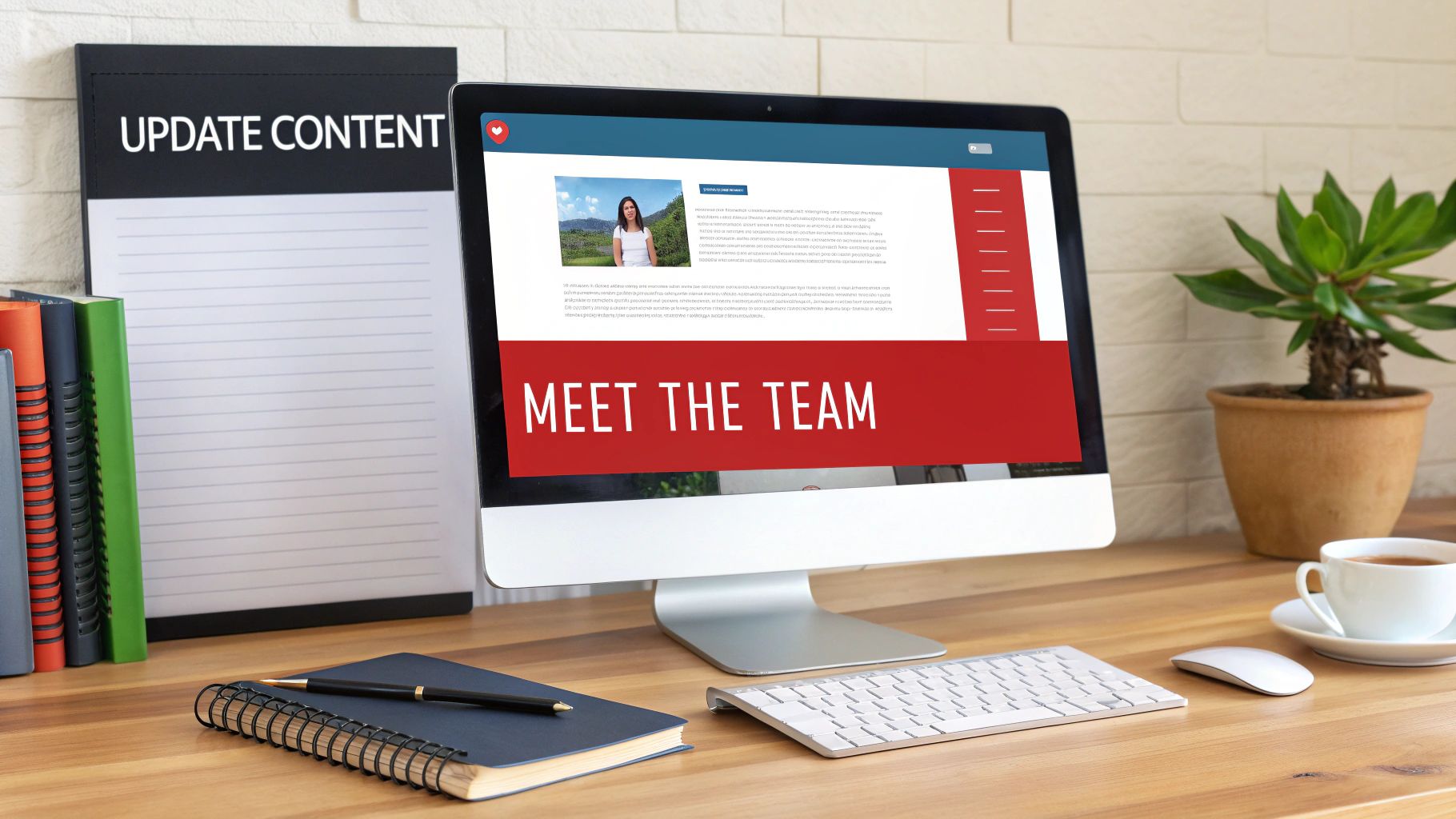 A workspace with a computer displaying a 'MEET THE TEAM' website and a notepad labeled 'UPDATE CONTENT'.