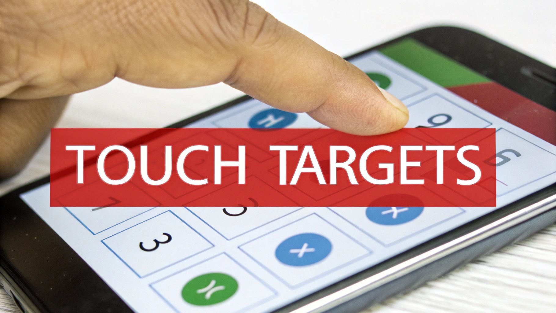 A finger touching a smartphone screen displaying a calculator app with 'TOUCH TARGETS' text.