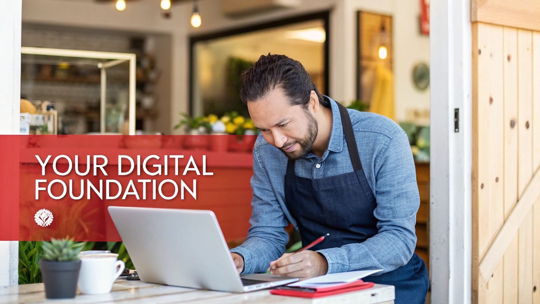 A focused small business owner in an apron works on a laptop and writes notes in his cafe.