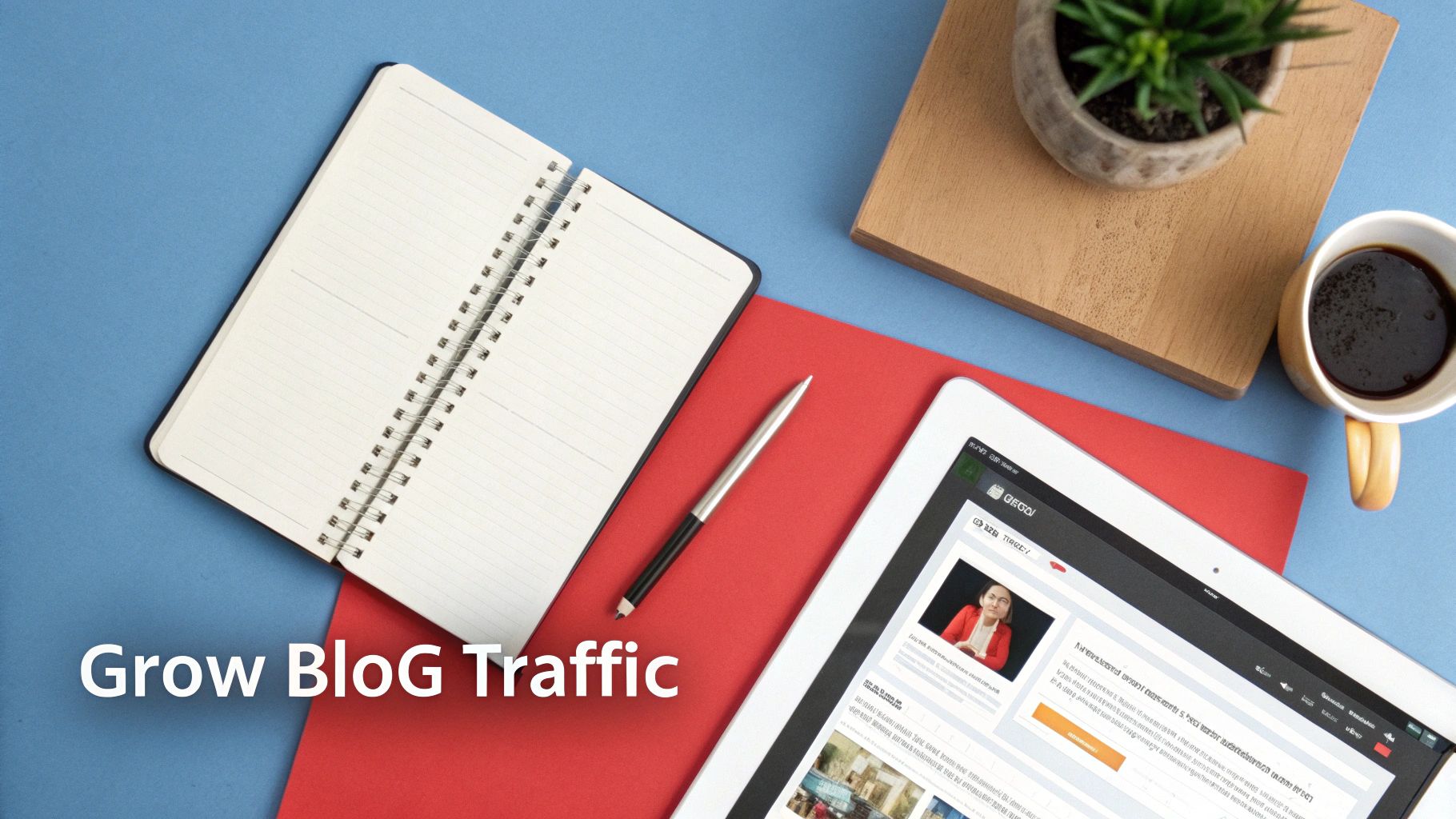Flat lay of a creative workspace with a notebook, pen, tablet, coffee, and plant, symbolizing blog traffic growth.
