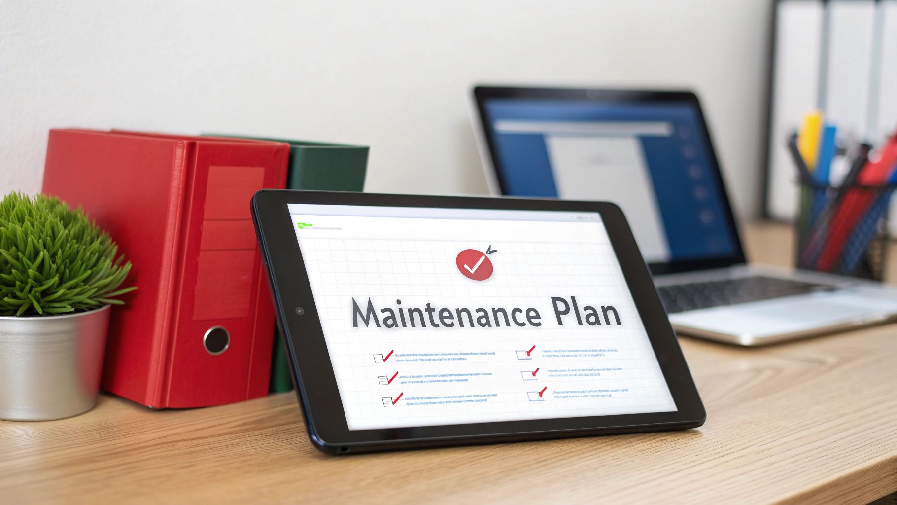 A tablet on a wooden desk displays a 'Maintenance Plan' checklist. Office binders, a laptop, and a plant are in the background.