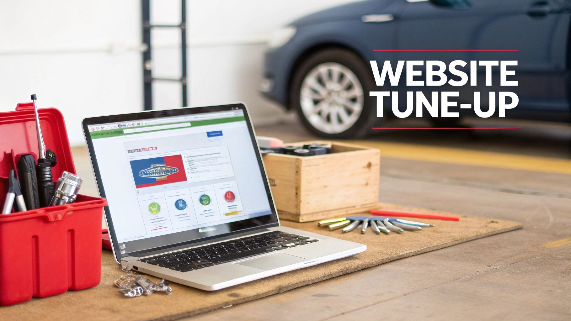 A laptop showing a website, alongside a toolbox and car maintenance tools, indicating a website tune-up.