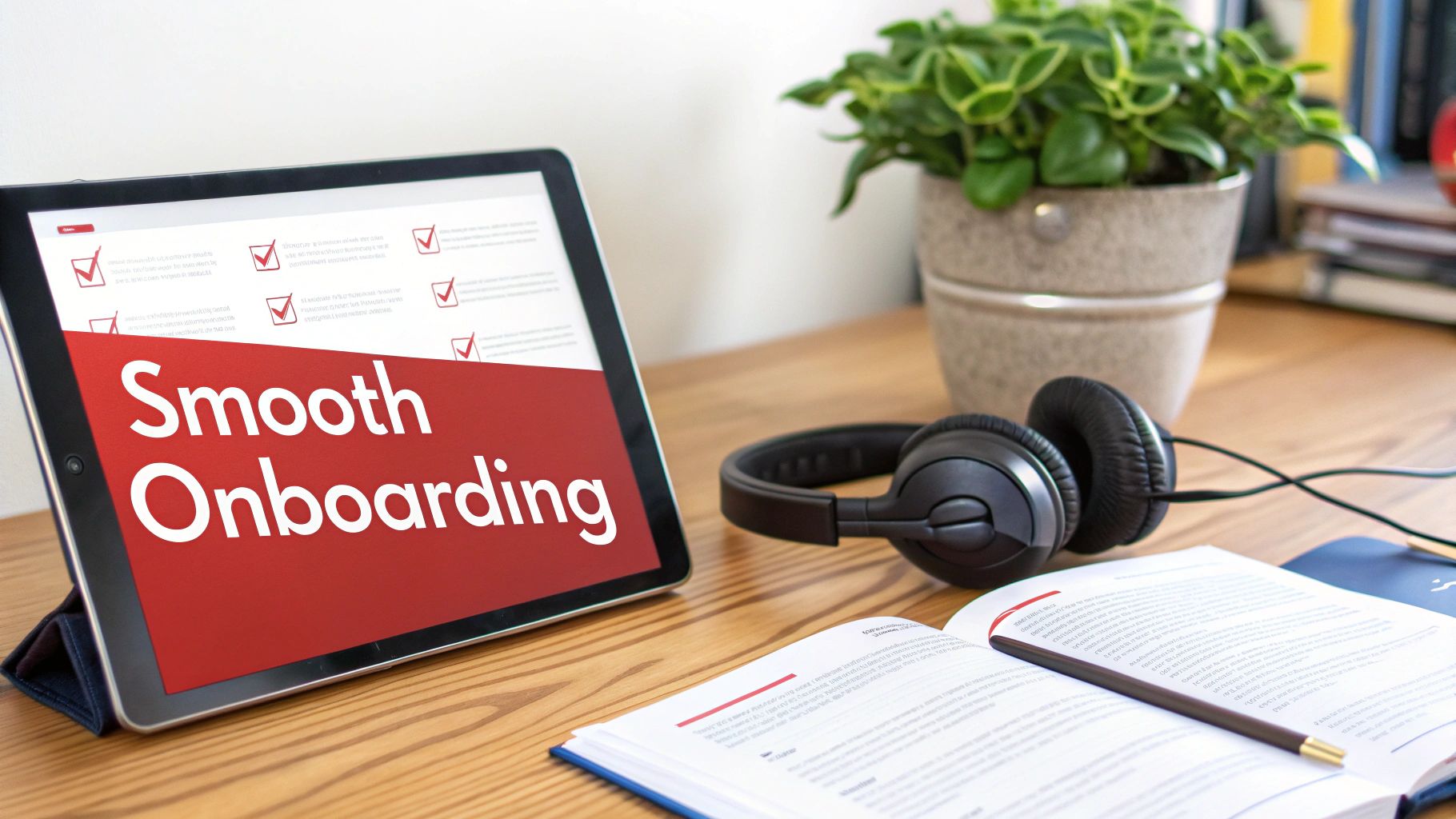 Tablet displaying 'Smooth Onboarding' checklist with headphones, a plant, and a book on a wooden desk.
