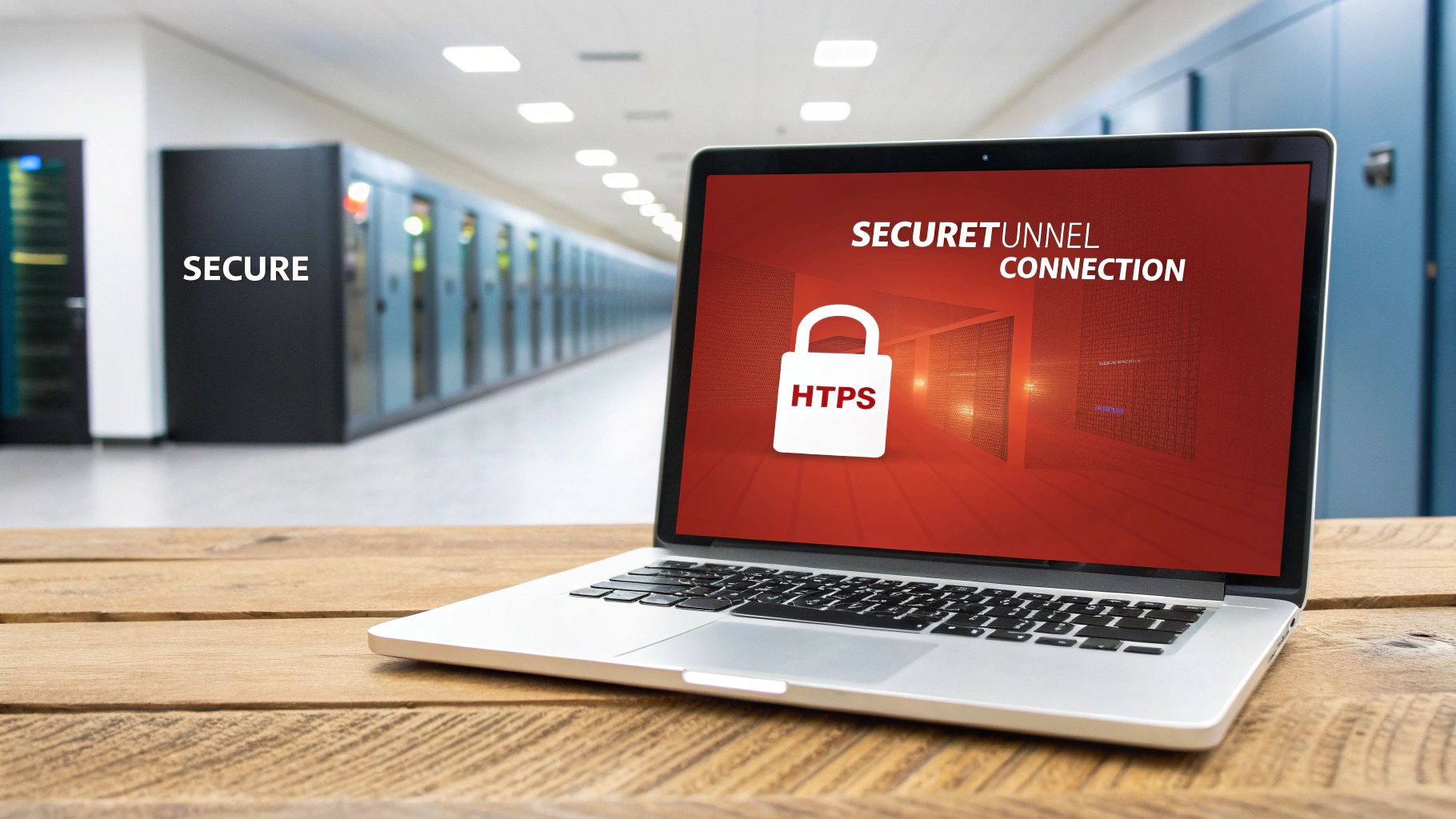A laptop in a server room displays secure tunnel connection and HTTPS padlock, emphasizing cybersecurity.