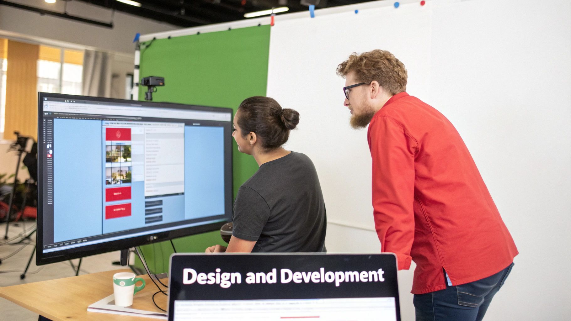 Two web designers collaborate on a mobile website layout, reviewing design and development on a large monitor.