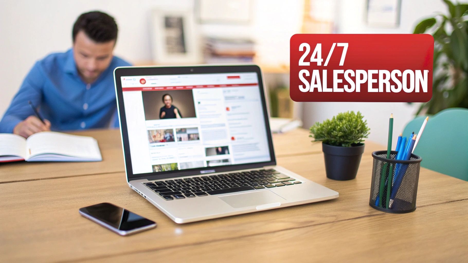A laptop on a wooden desk displays an online video, next to a '24/7 Salesperson' banner.