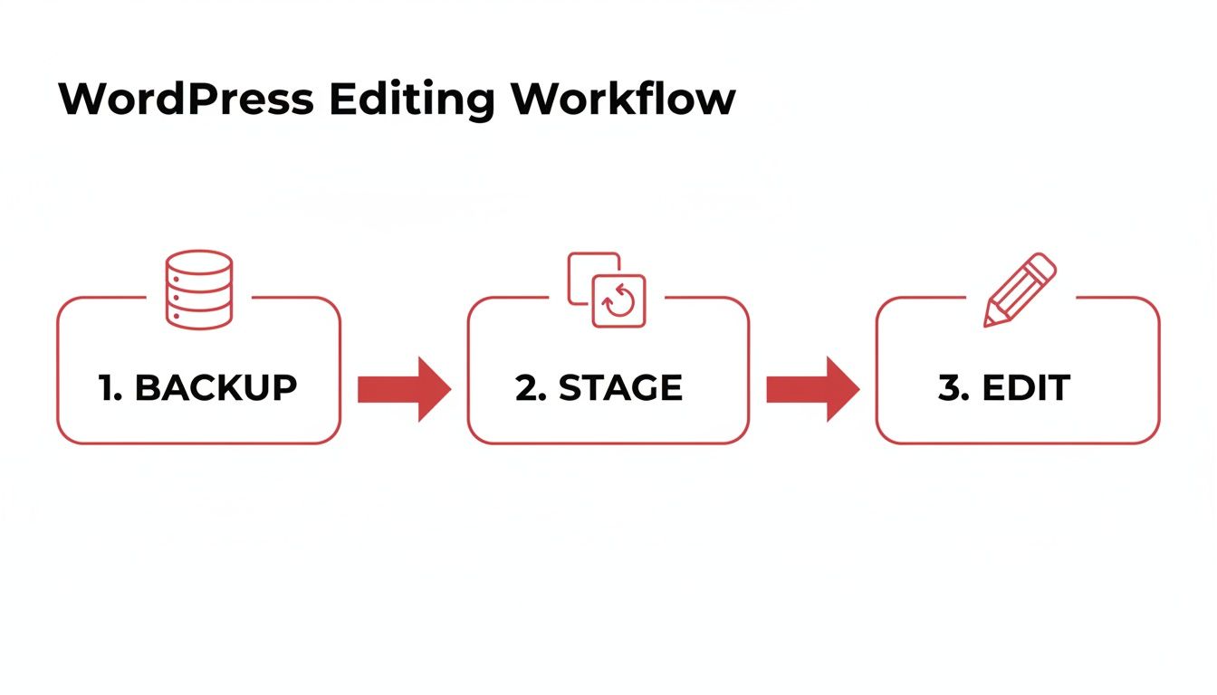 A clear diagram illustrating the WordPress editing workflow: 1. Backup, 2. Stage, 3. Edit.