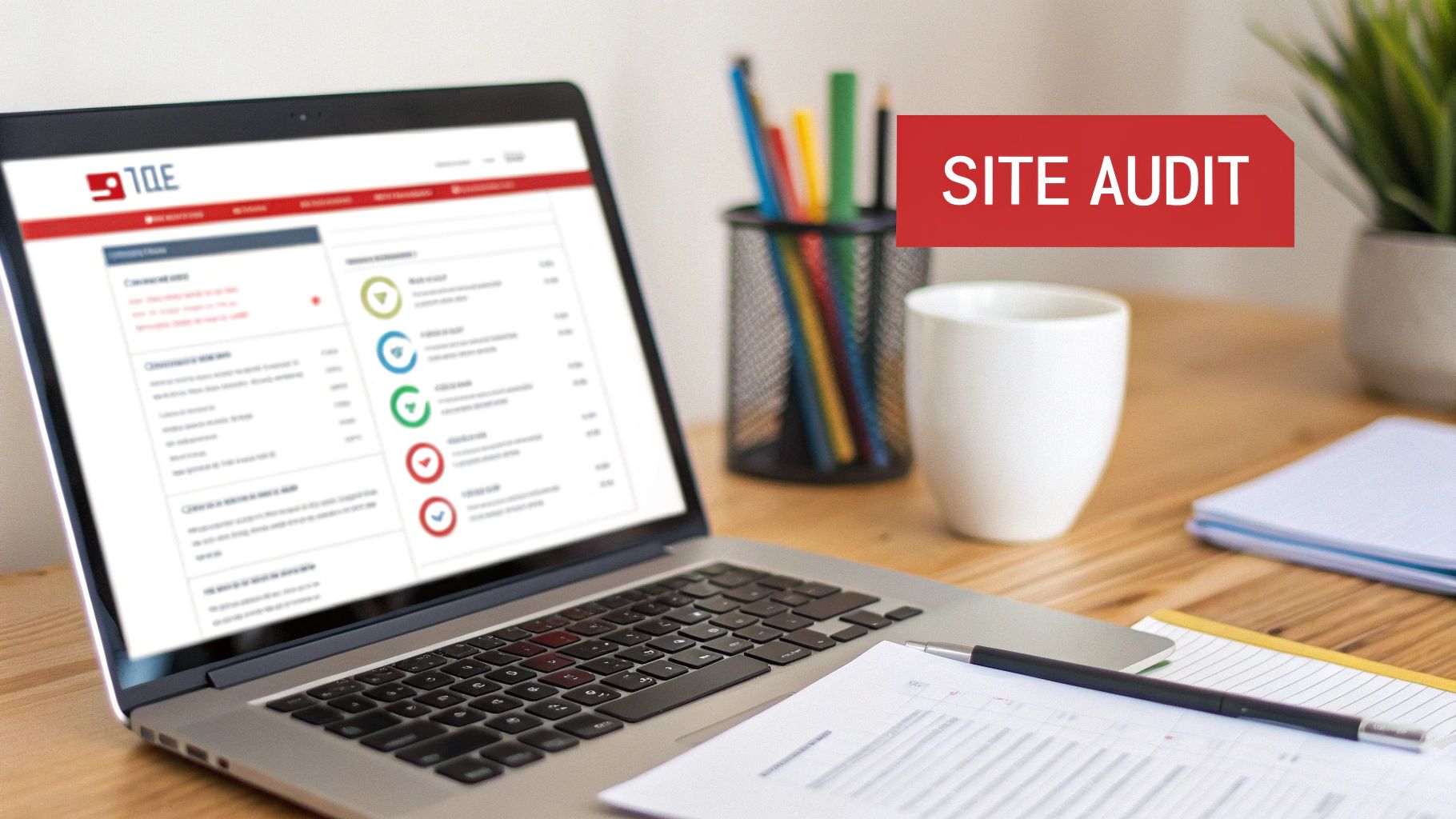 Laptop displaying a site audit report with a 'SITE AUDIT' banner, on a desk with office supplies.