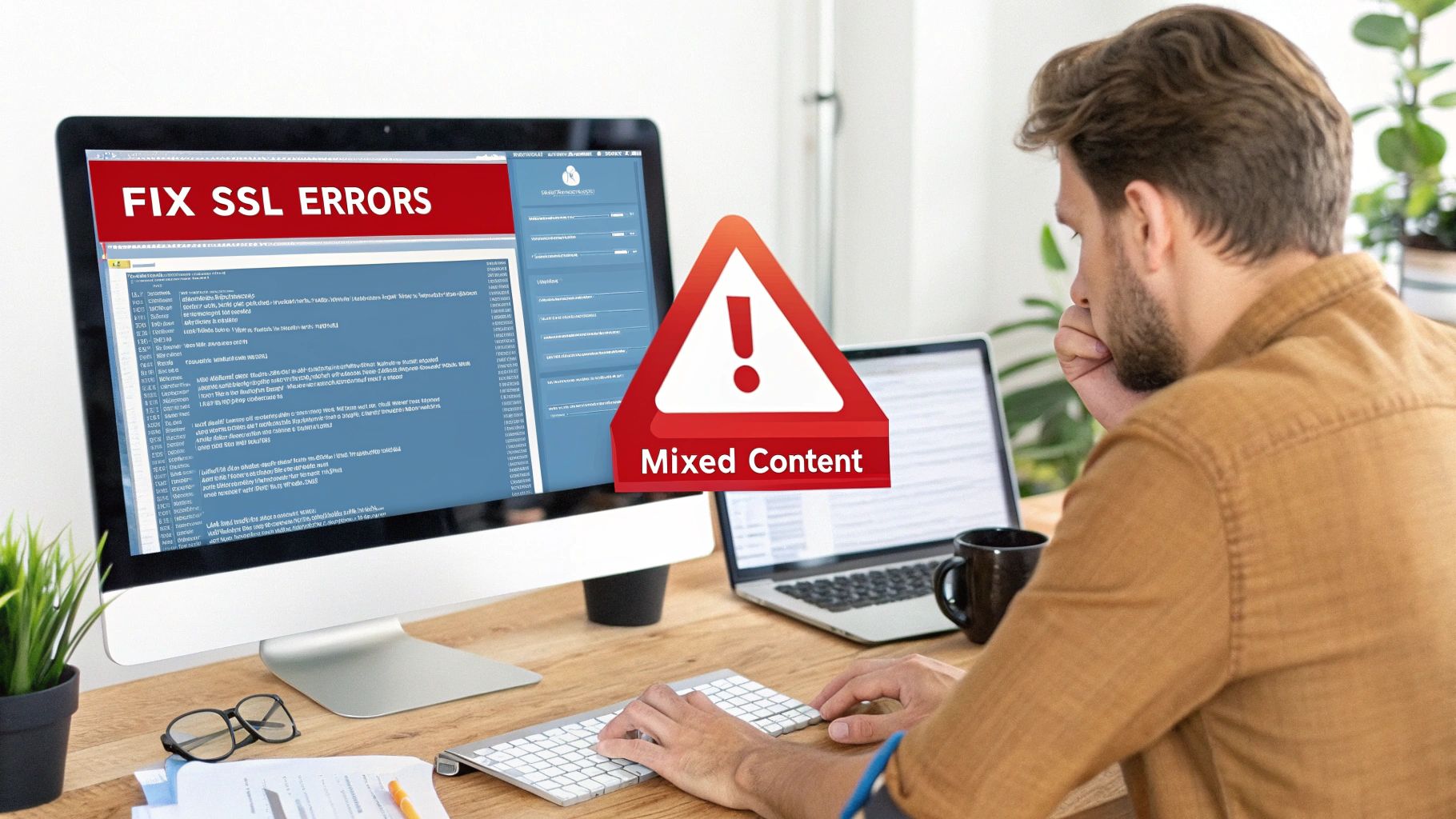 Man troubleshooting 'FIX SSL ERRORS' and 'Mixed Content' warning on a computer screen, showing a technical problem.