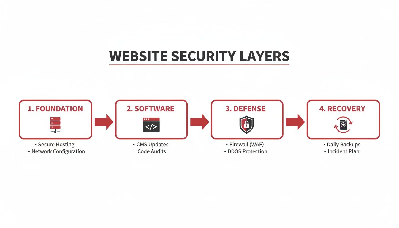 An infographic illustrating four website security layers: Foundation, Software, Defense, and Recovery stages.