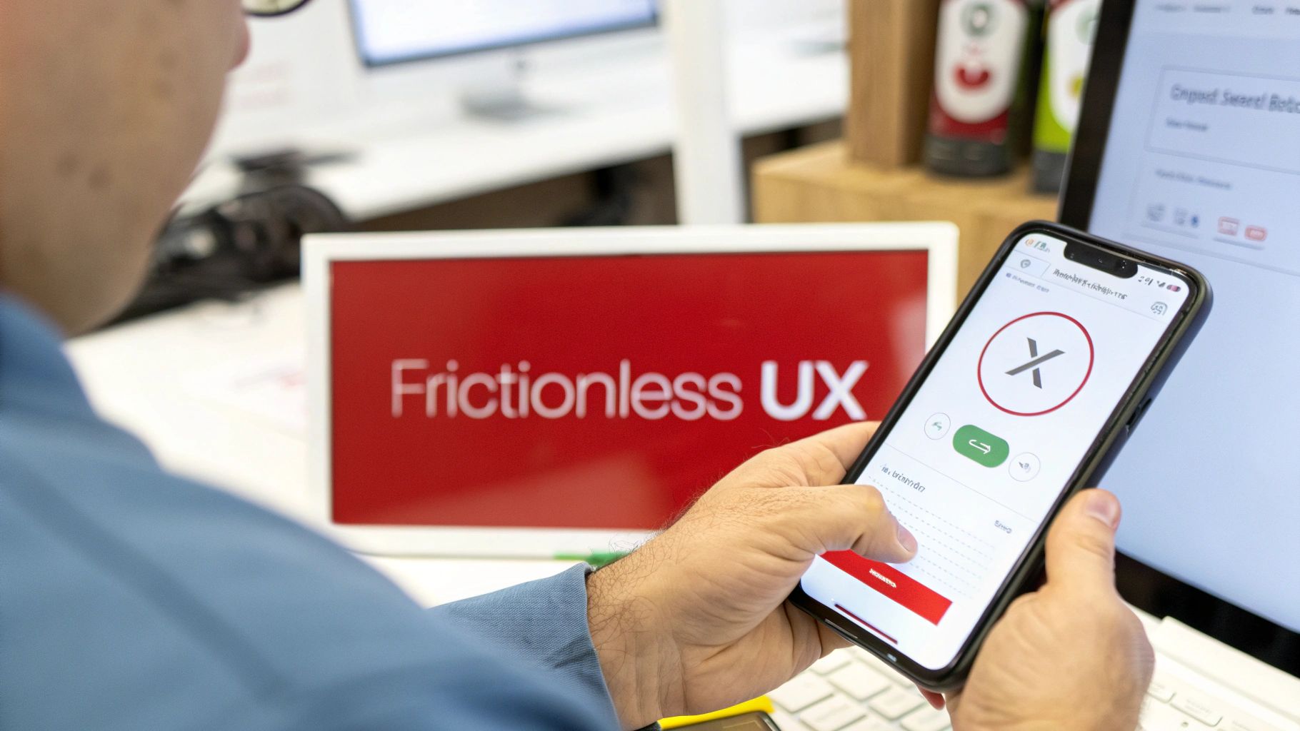 A person uses a smartphone displaying a user experience application with 'Frictionless UX' on a background monitor.