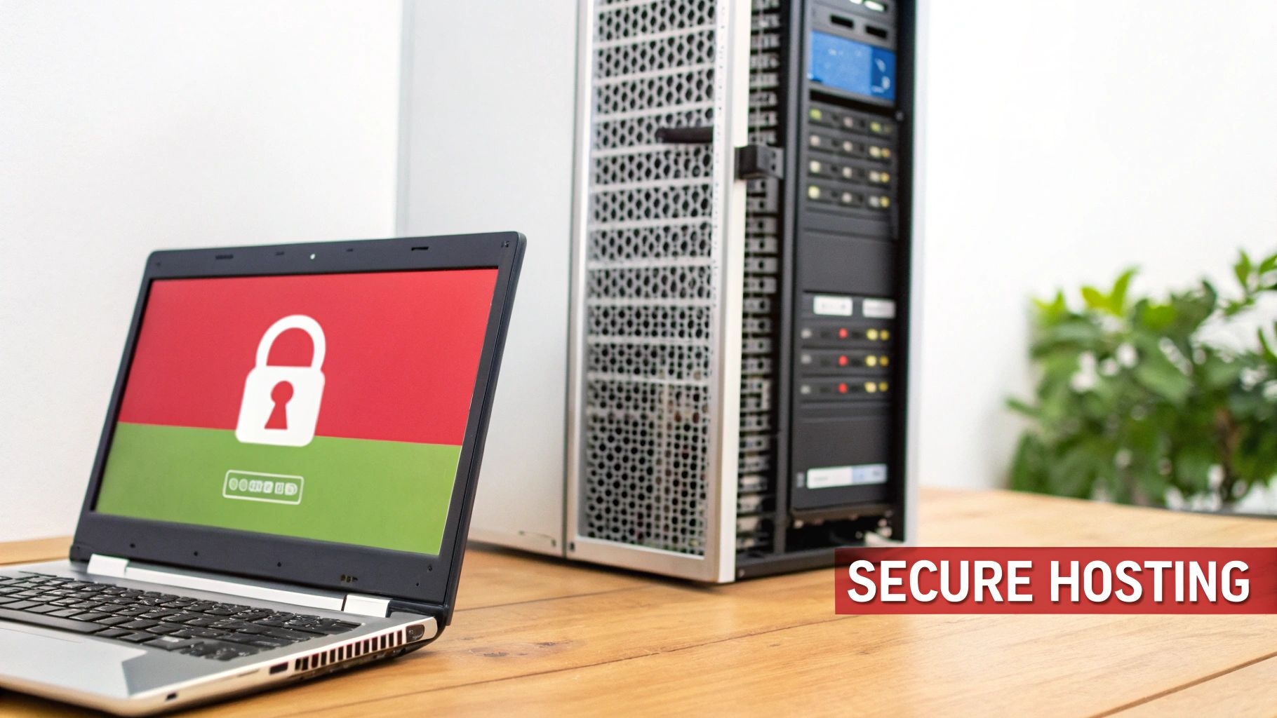 A laptop with a padlock icon on the screen, next to server racks, illustrating secure website hosting.