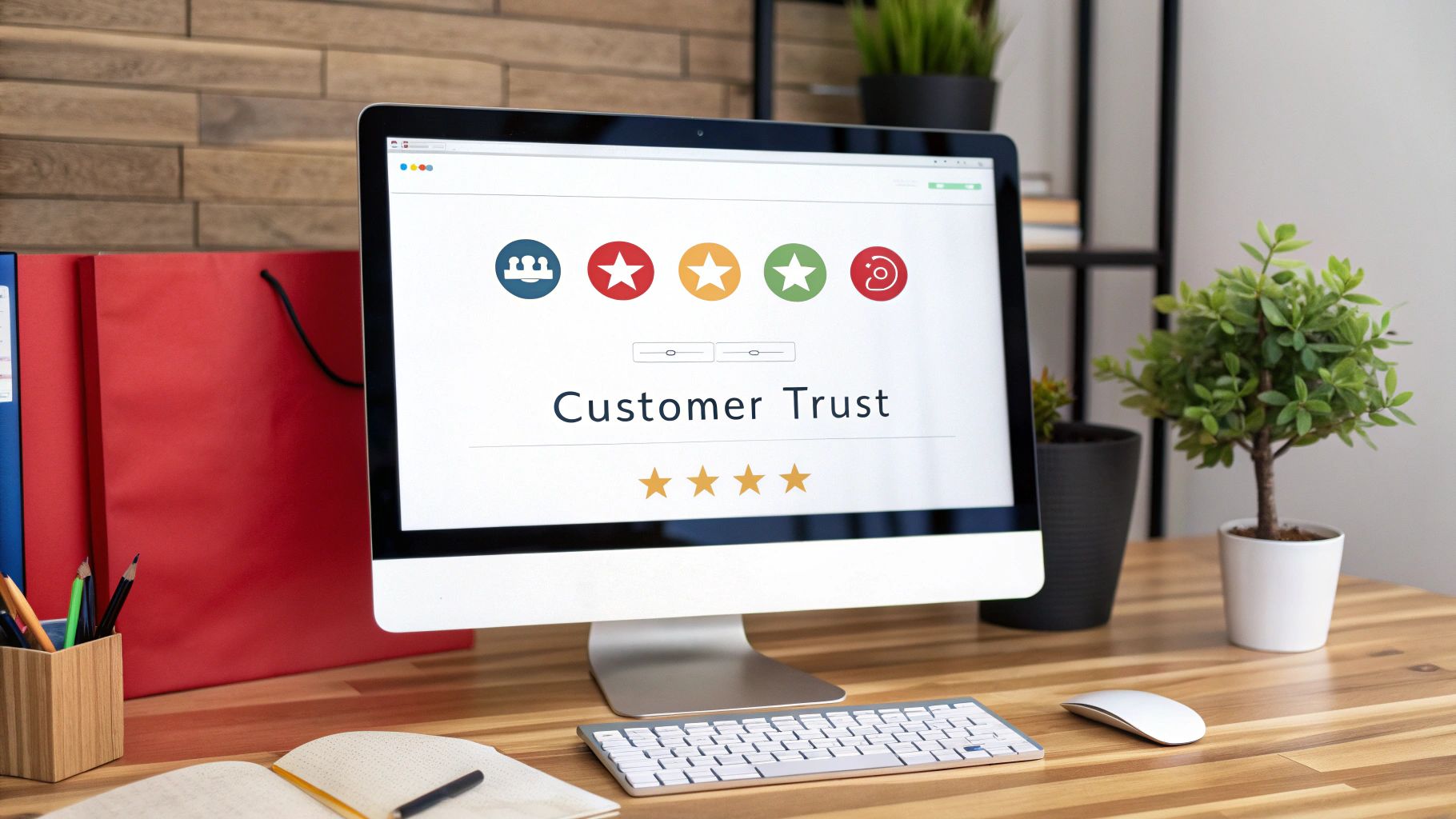 A computer screen displays 'Customer Trust' with rating stars, set on a wooden desk with office supplies.