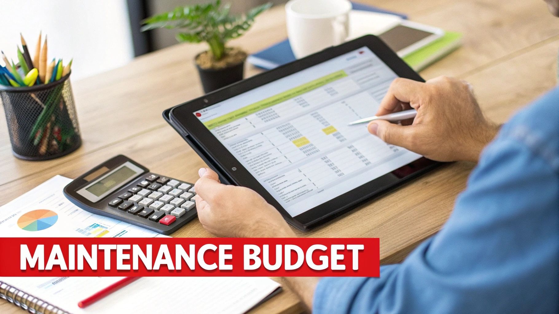 Person reviewing a maintenance budget spreadsheet on a tablet with a stylus, calculator, and office supplies.