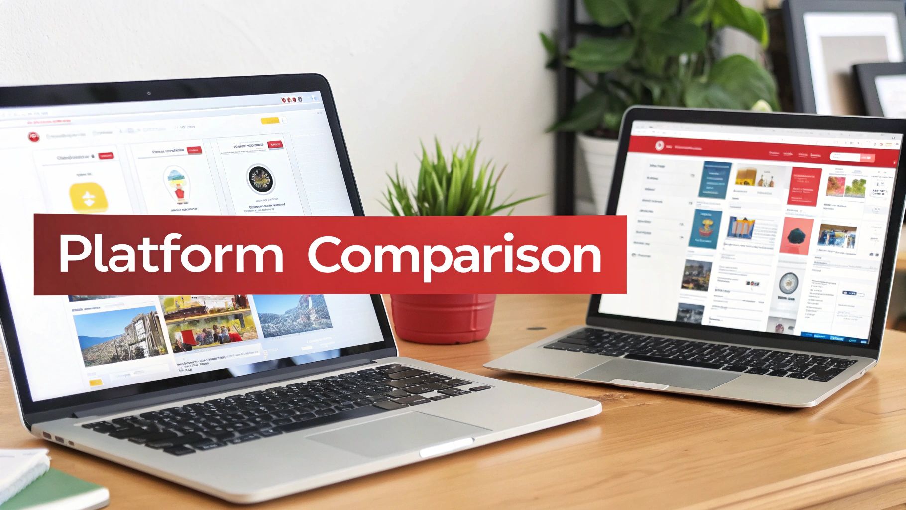 Two open laptops on a wooden desk with a 'Platform Comparison' banner across the screens.