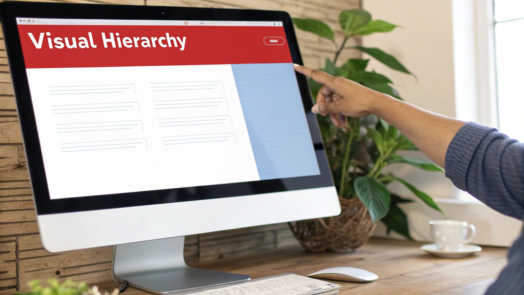 A person's hand points at a computer screen displaying a website with 'Visual Hierarchy' title.