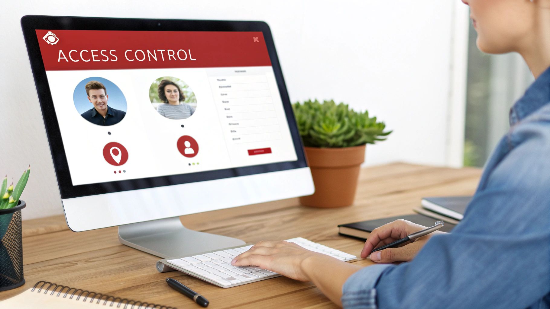 A person uses a computer displaying an 'Access Control' interface with user profiles on a wooden desk.