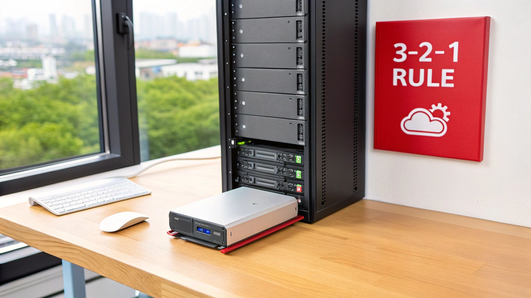 A server rack with storage units on a wooden desk, featuring a 3-2-1 backup rule sign.