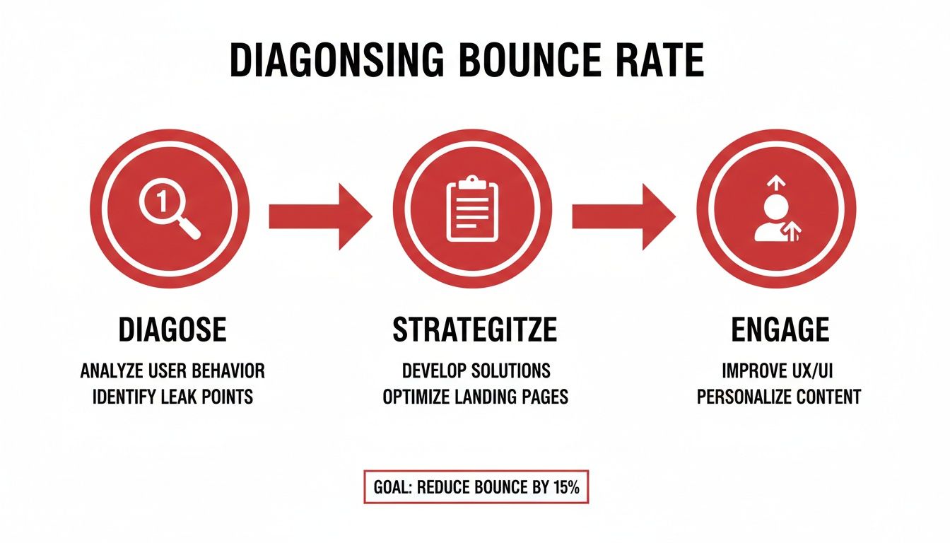 Infographic illustrating a three-step process to diagnose, strategize, and engage to reduce website bounce rate by 15%.