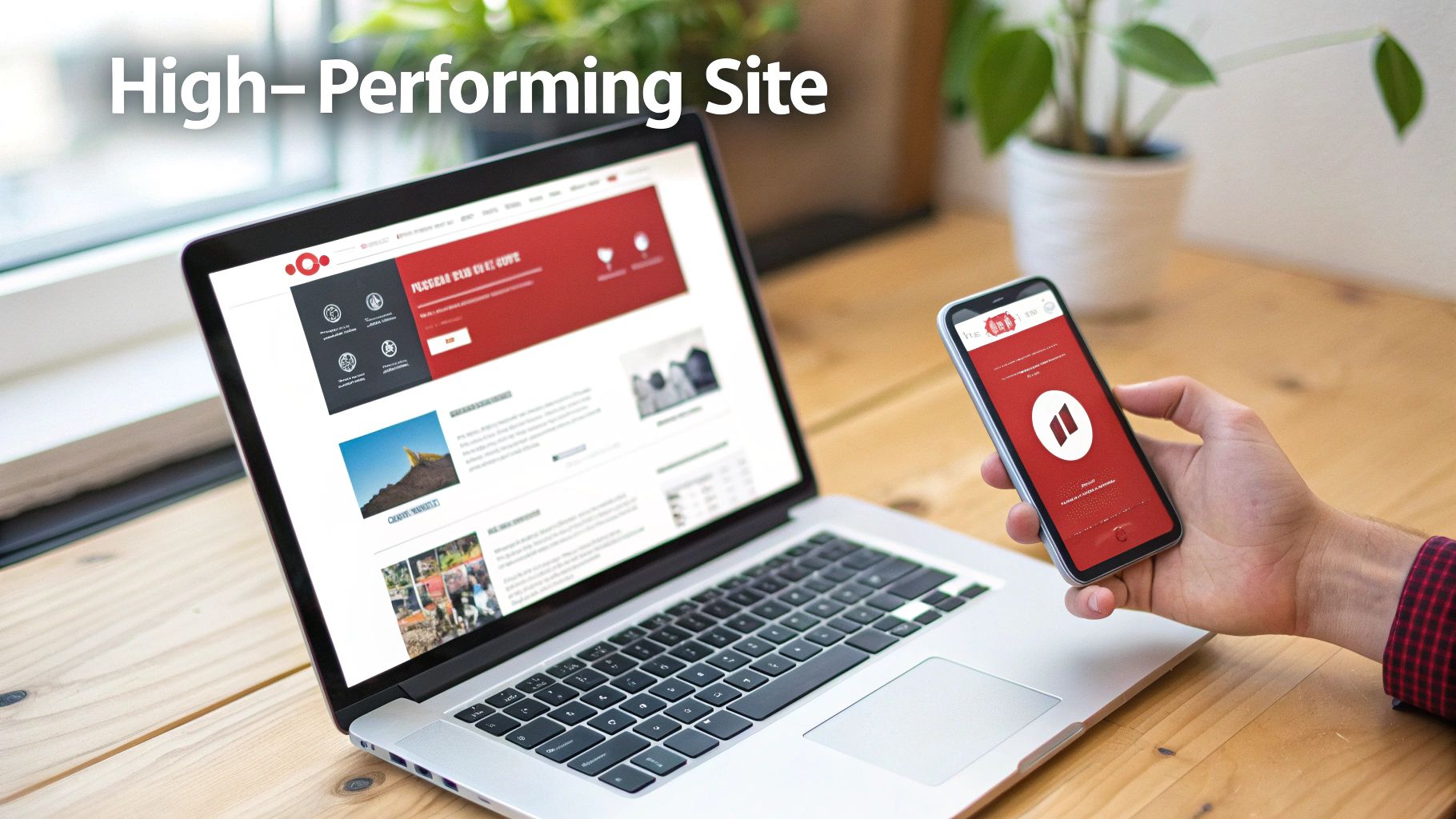 A person views a high-performing website on both a laptop and a smartphone, demonstrating responsive design.