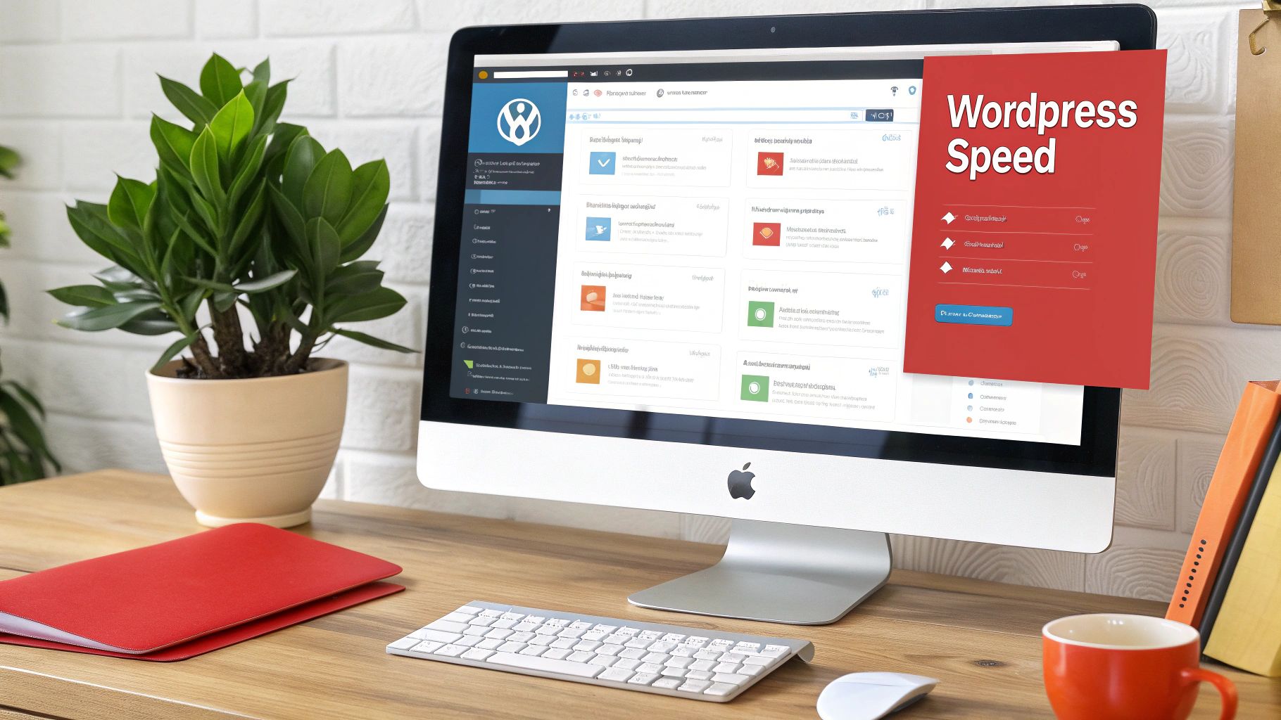 A desk setup with an iMac displaying 'Wordpress Speed' information, a plant, and office supplies.