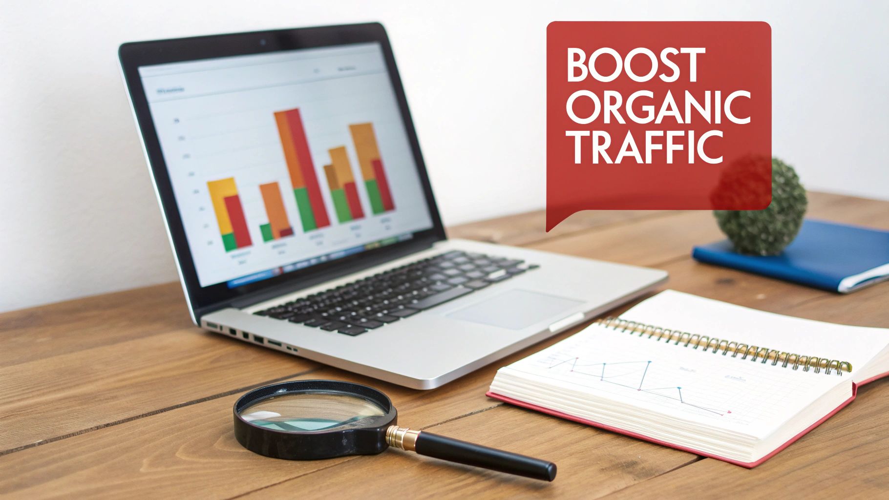 Laptop showing website traffic growth charts, with a magnifying glass and notebook on a desk. Text: BOOST ORGANIC TRAFFIC.