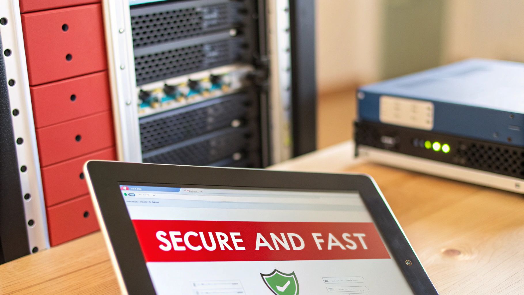Secure and fast website displayed on a tablet next to data center server racks.