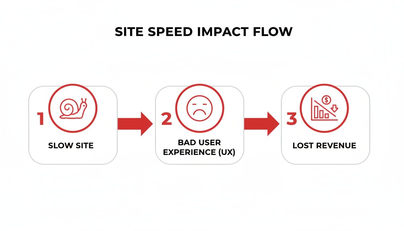 Flowchart illustrating the negative impact of a slow website, leading to bad user experience and lost revenue.