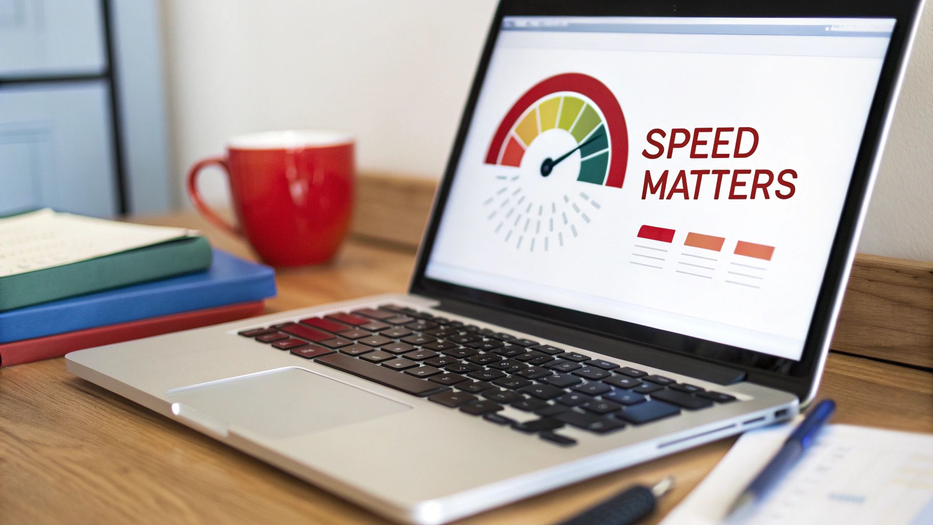 A laptop screen shows 'Speed Matters' with a performance gauge, coffee mug, and notebooks on a desk.