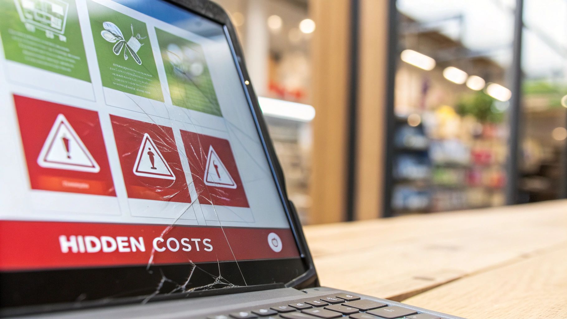 A laptop with a cracked screen displays warning signs and the text 'HIDDEN COSTS' on a webpage.