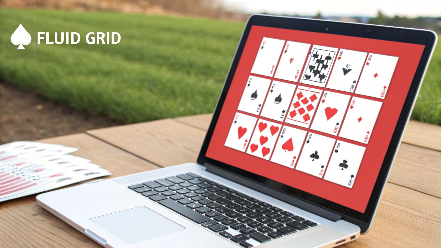 A silver laptop on a wooden table outdoors displays a grid of playing cards with a spade logo.