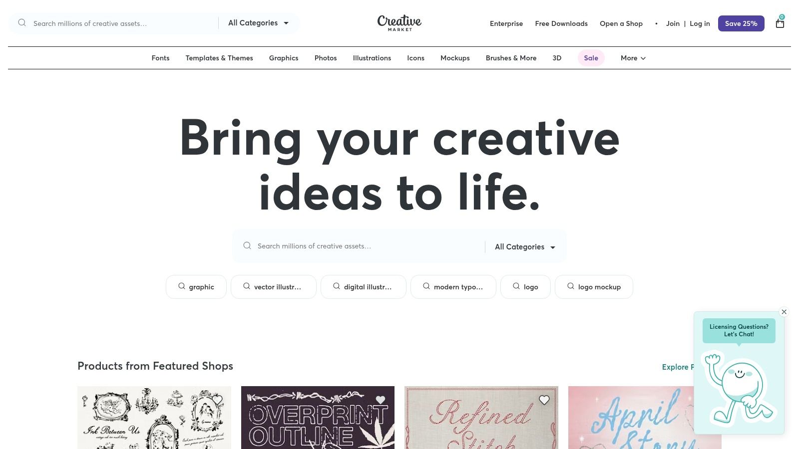 A screenshot of the Creative Market website, showcasing a search result page for WordPress themes with various visually appealing theme cards.