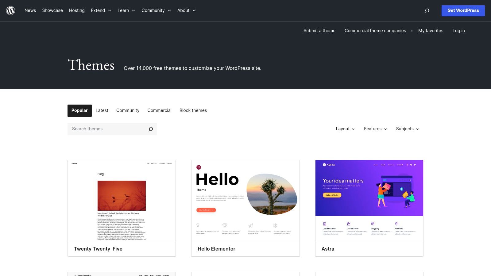 A screenshot of the WordPress.org Theme Directory homepage, showing a search bar and a grid of popular theme previews.