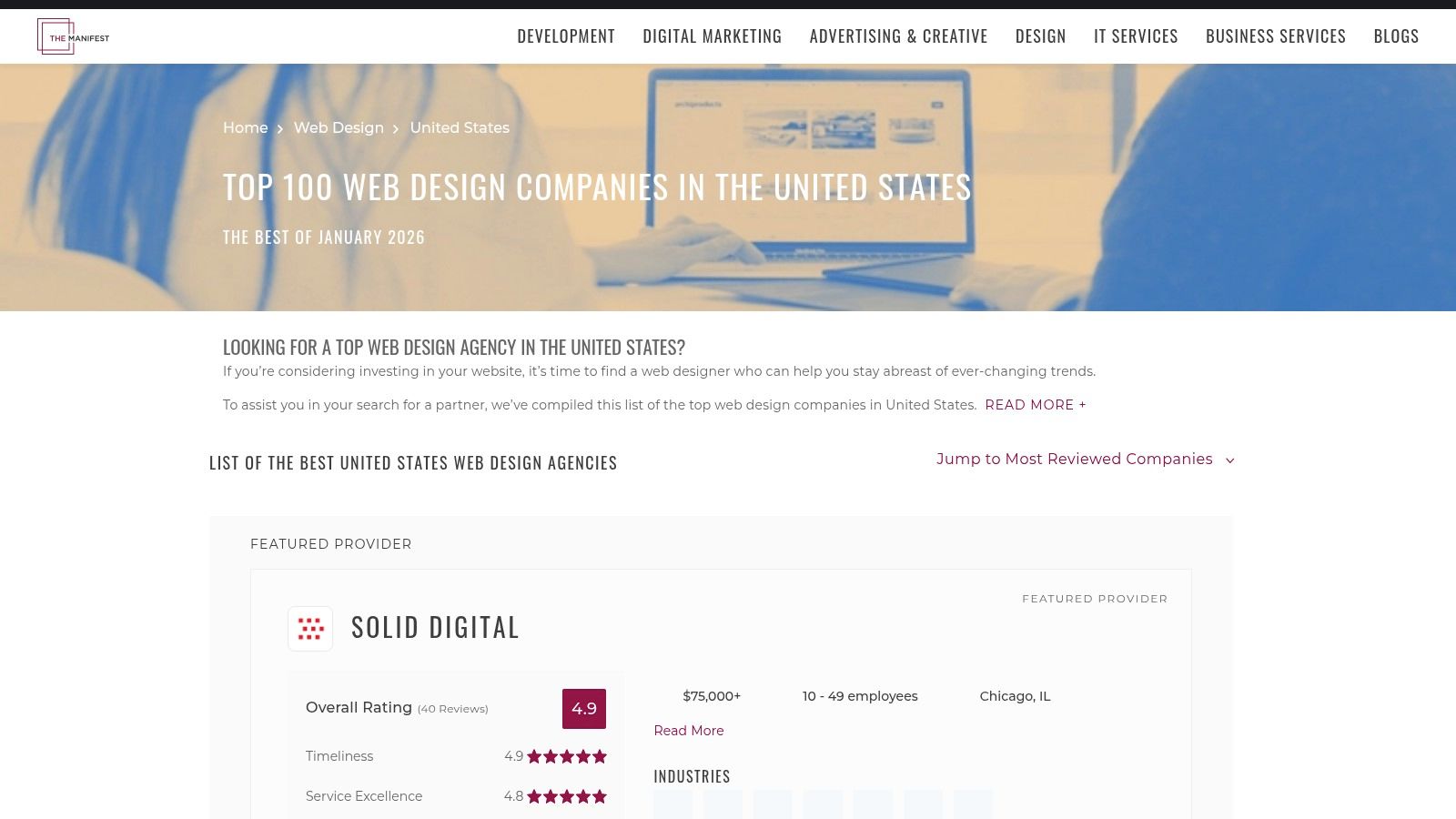 The Manifest user interface showing a ranked list of top US web design agencies with summary cards.