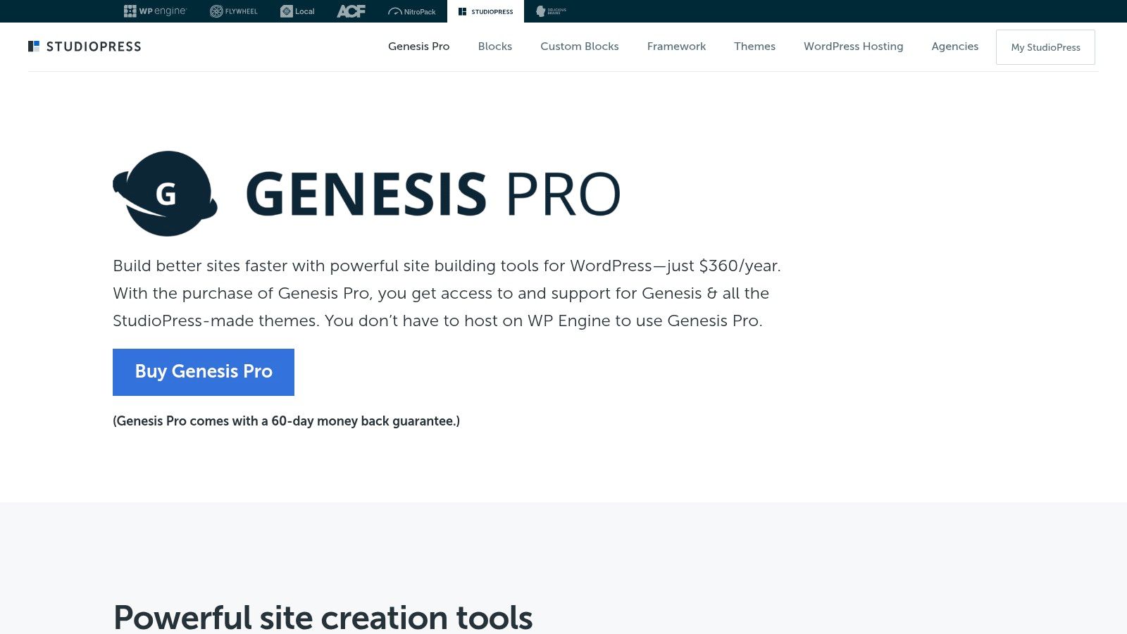 A screenshot of the StudioPress Genesis Pro website, highlighting its features for building professional WordPress sites.