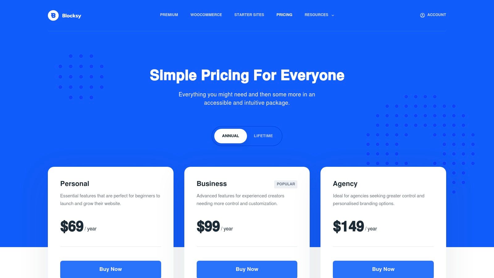 A screenshot of the Blocksy theme's pricing page, showing annual and lifetime license options for Personal, Professional, and Agency tiers.