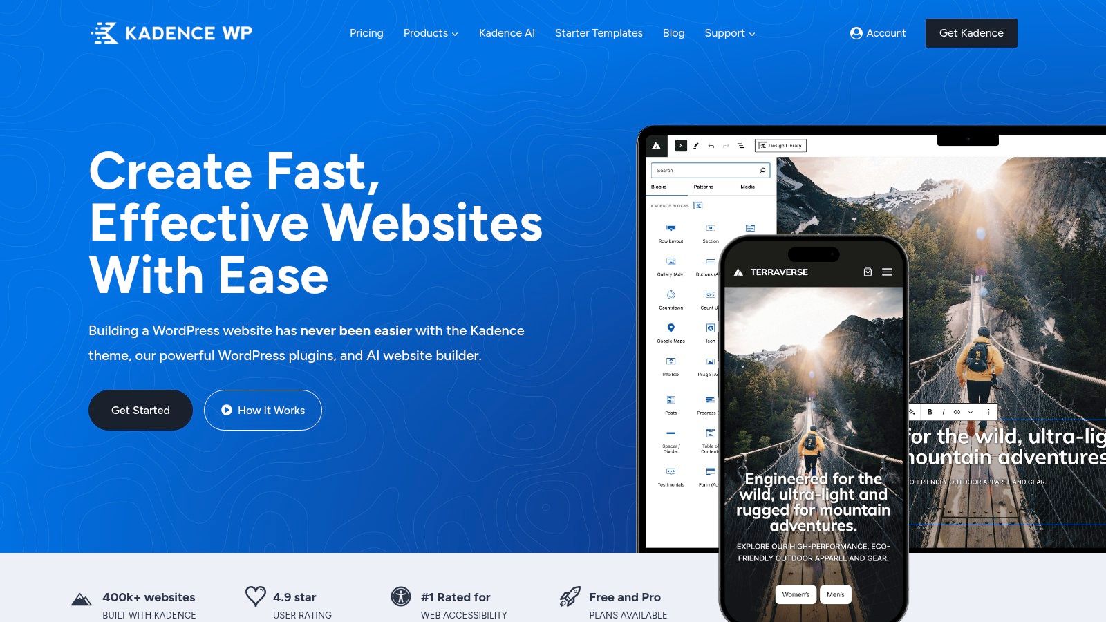 A screenshot of the Kadence WP website homepage, showing its branding and a call-to-action to explore its products.