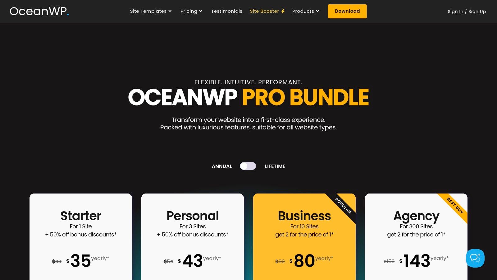 A screenshot of the OceanWP pricing plans page, showing different tiers like Personal, Business, and Agency with their respective features and costs.