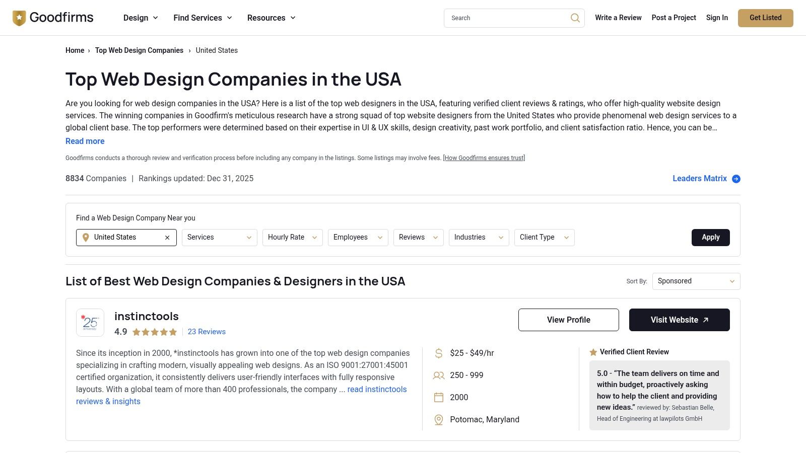 GoodFirms user interface showing a list of top web design companies in the USA, with filters for hourly rates, industry, and location.