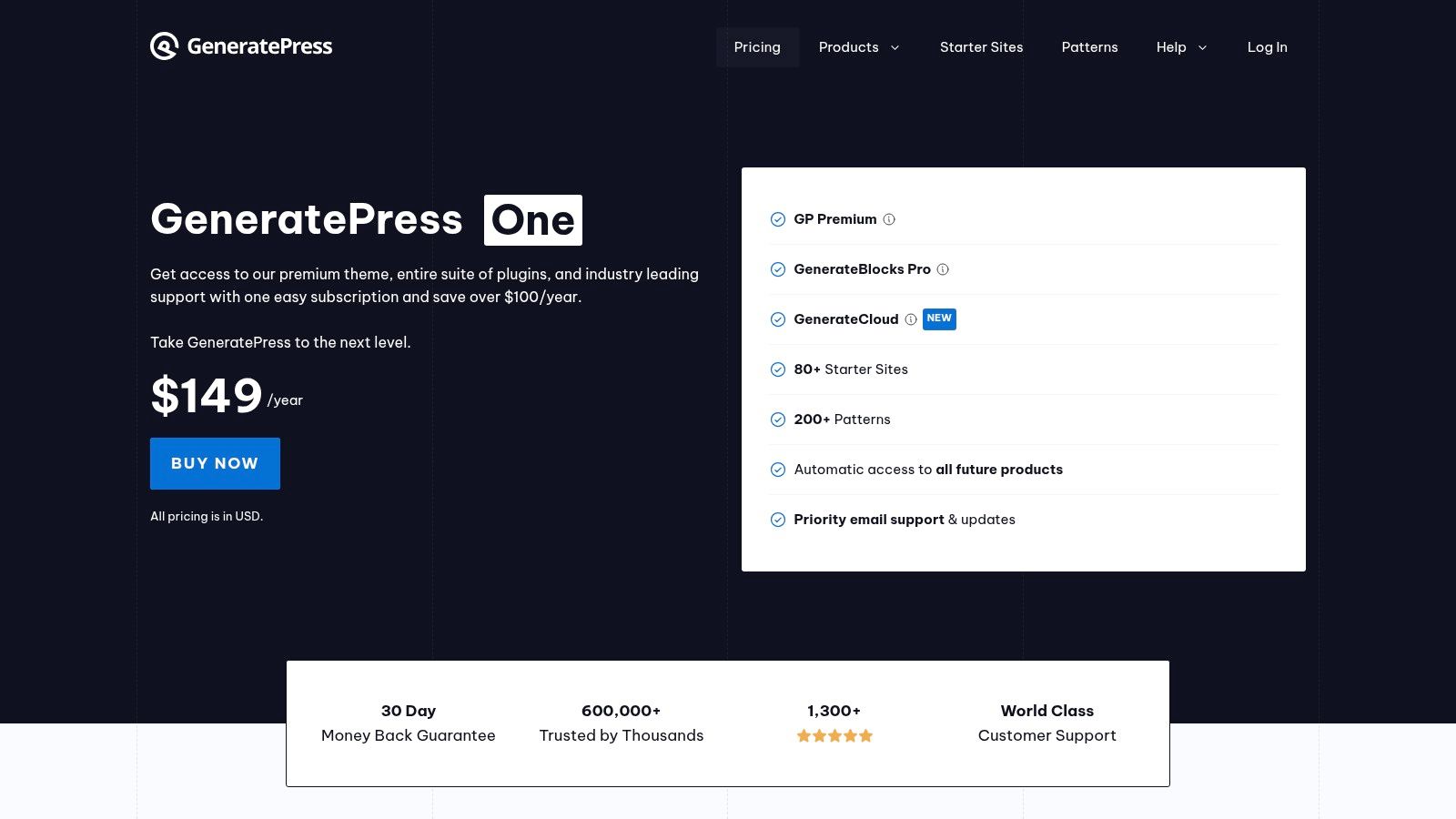 A screenshot of the GeneratePress website homepage, showcasing its clean design and a call-to-action to get the theme.