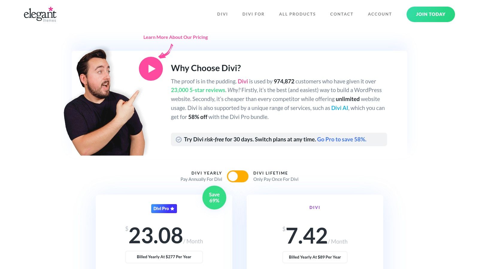 A screenshot of the Elegant Themes pricing page, highlighting the Divi Pro plan and its features.