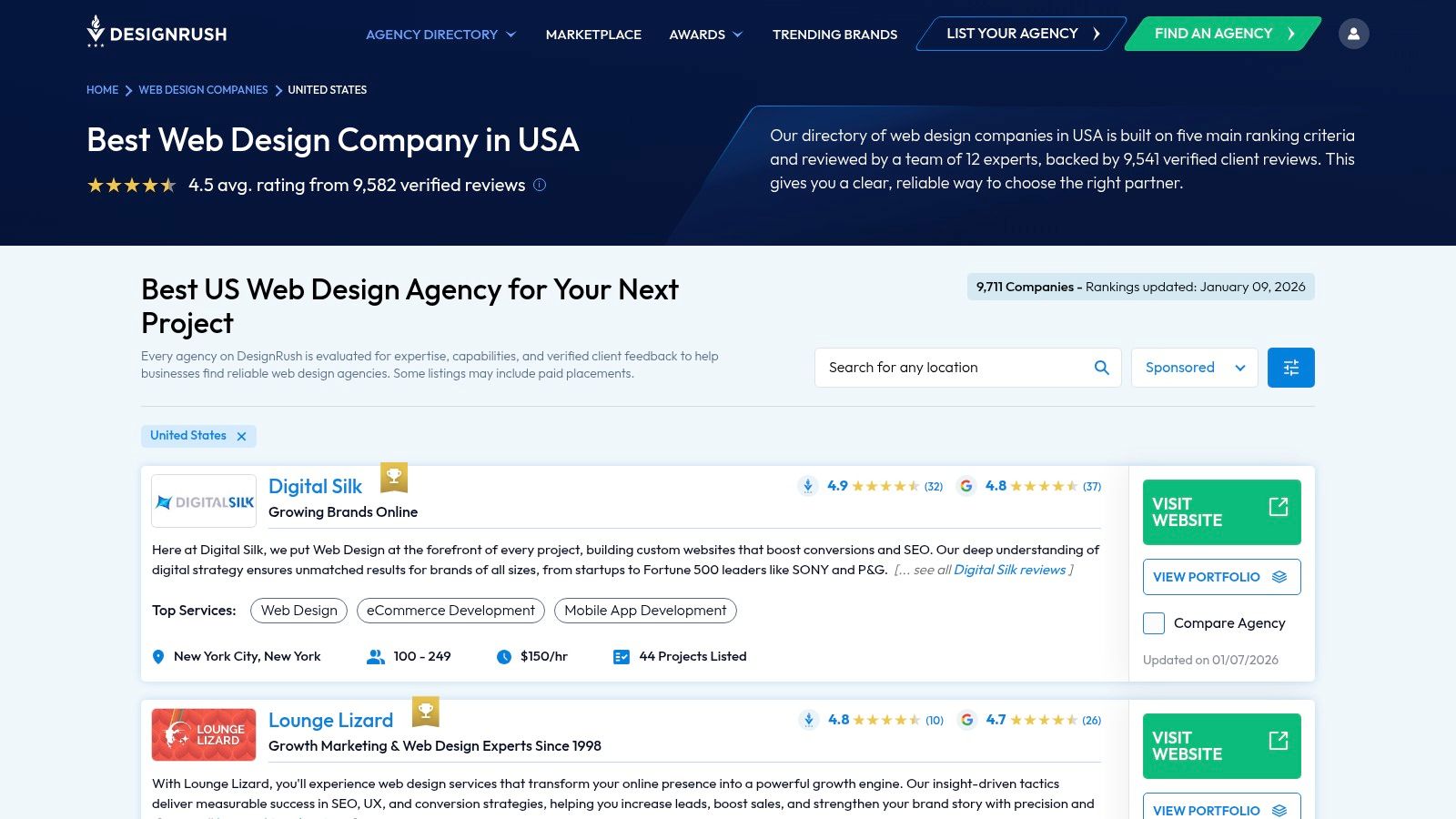 DesignRush user interface showing a ranked list of top web design companies in the USA, with filters and agency profiles.