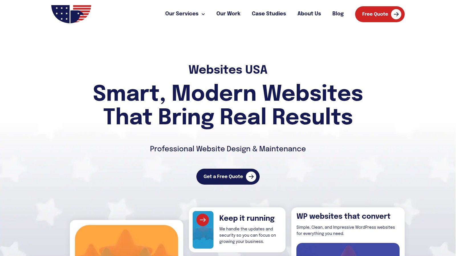 A screenshot of the Websites USA homepage showcasing their design and branding.