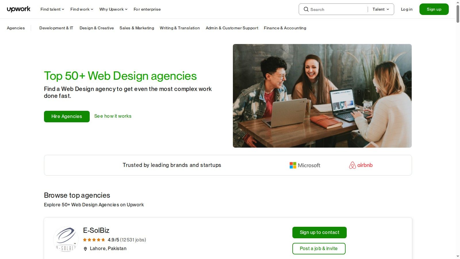 Upwork interface showing a directory of web design agencies, with filters for location, hourly rate, and agency size.