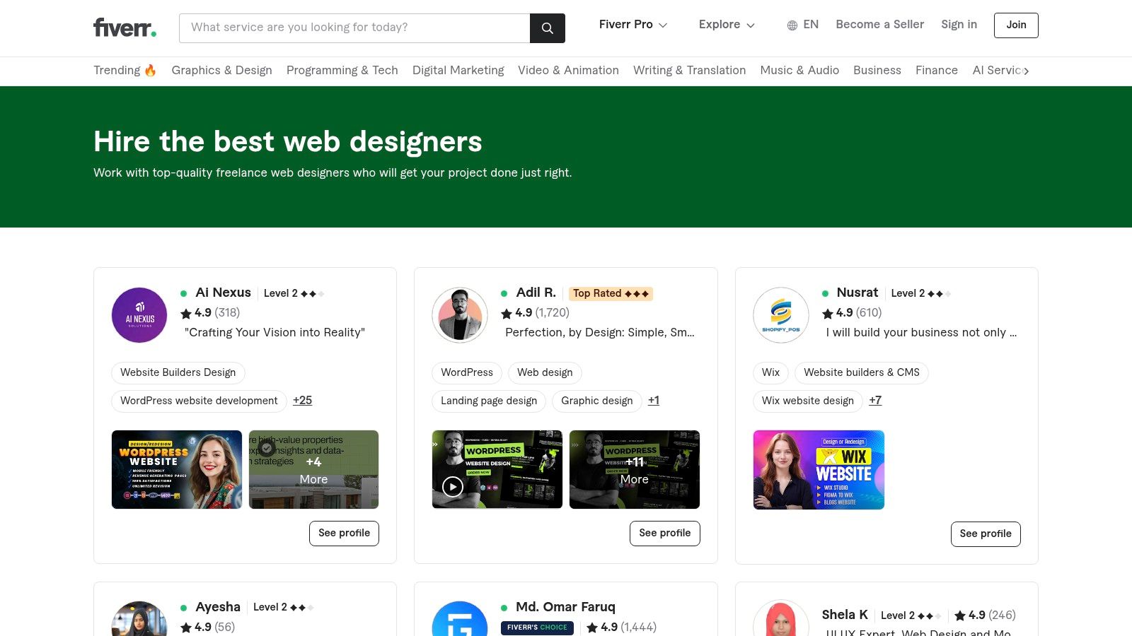 Fiverr's web design services page showcasing a variety of gigs with pricing and ratings.