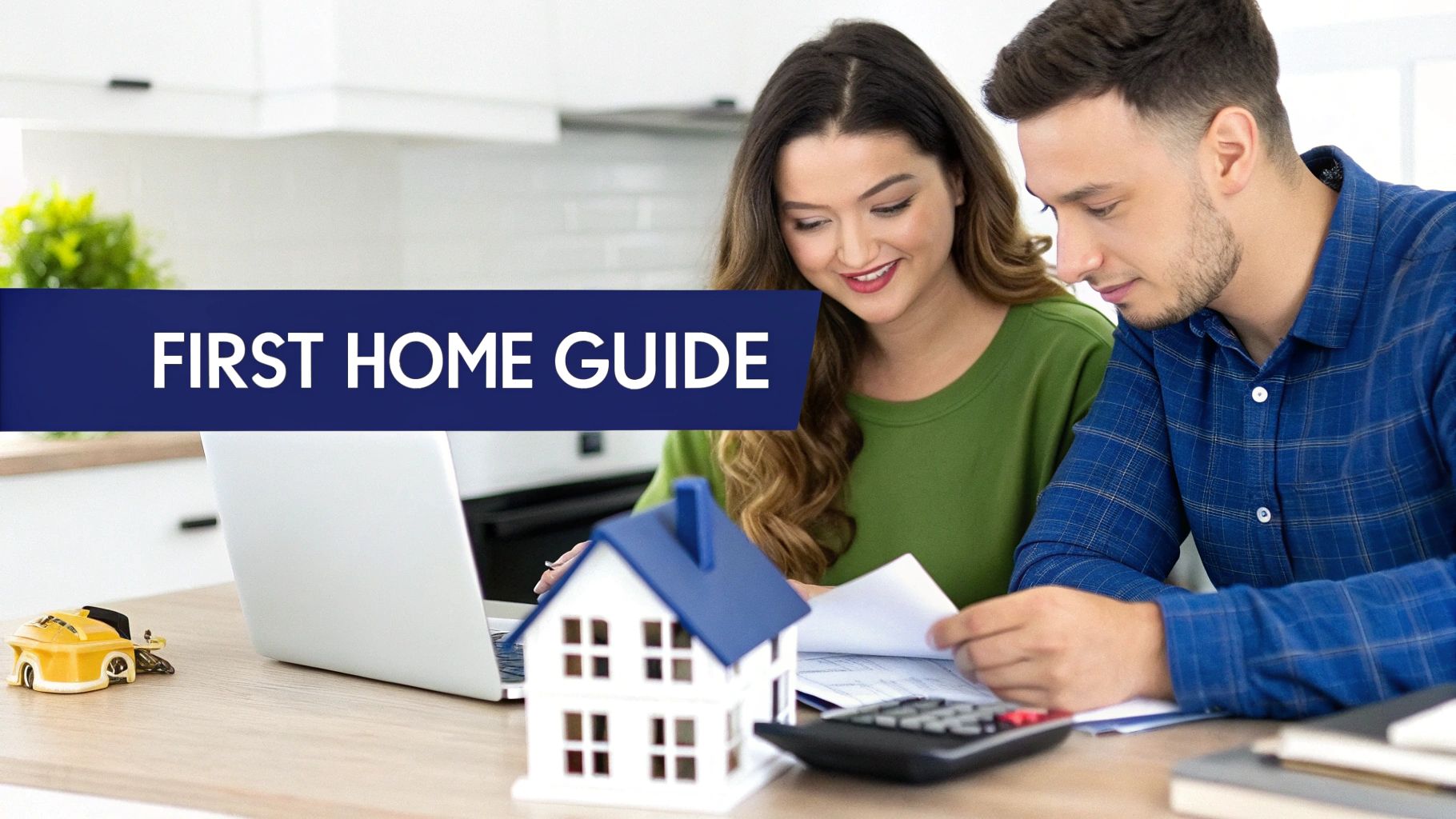 A young couple reviews financial documents and a laptop for their first home guide, with a model house.