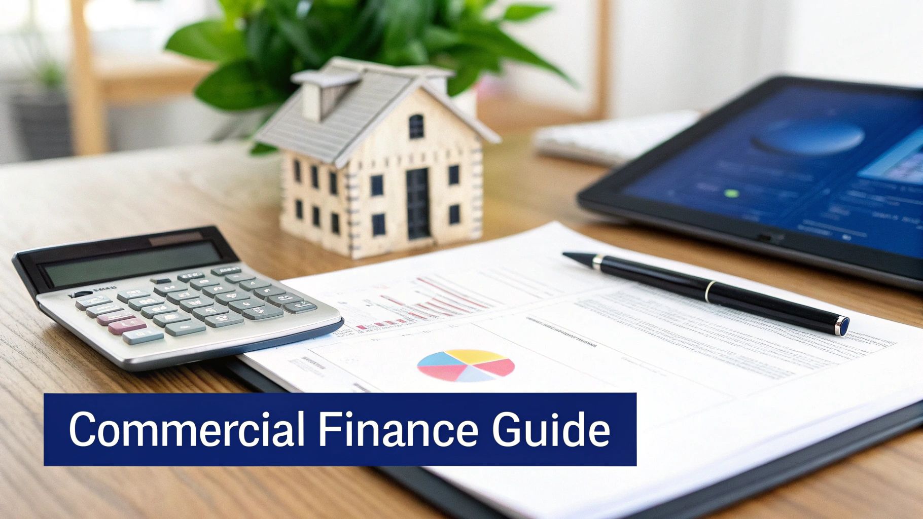 A calculator, model house, financial charts, pen, and tablet on a desk for commercial finance.